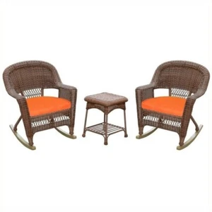 Jeco 3pc Wicker Rocker Chair Set in Honey with Orange Cushion - Picture 1 of 1