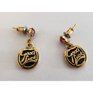 Good Luck Dangle Pierced Earring Gold Tone Faceted Pink Rhinestone Vintage - Bild 1 von 4