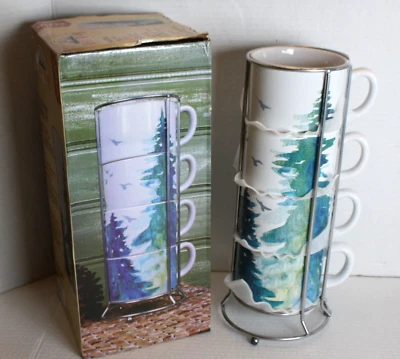 Beautiful Watercolor Forest Trees  14 oz Stacking Mugs White River - Image 1 of 4