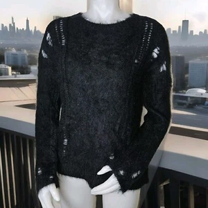 360 Sweater Alpaca Blend Womens Sz M Black 80s London Crochet XL Sleeve Fluffy - Picture 1 of 11