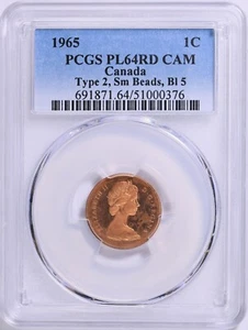 1965 Canada 1 Cent PCGS PL64RD Cameo Type 2 Small Beads Bl 5 - Picture 1 of 2