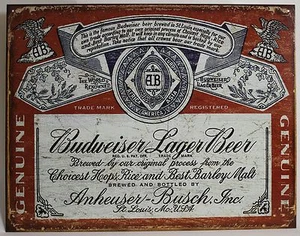 Historic Budweiser Label Metal Sign Anheuser Busch Brewery Logo New Beer Repro - Imagen 1 de 1