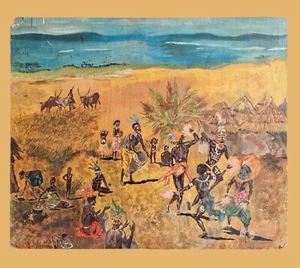 ancienne peinture tableau scène village masque zébus huttes afrique sur panneau - Imagen 1 de 24