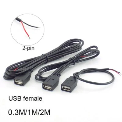 USB 2.0 A Female Jack Connector 2 Pin Power Charge Cable Cord 5V DIY 0.3M/1M/2M - Image 1 of 4