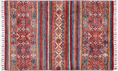 Afghan Ziegler Khorjin Carpet 80x120 Hand Knotted Red Stripes Oriental F - Image 1 of 4