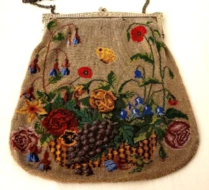 Antique Micro Beaded Sterling Silver Frame Handbag Fruit And Flowers - Picture 1 of 24