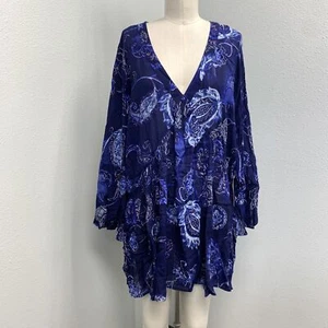 NWT Roaman's Paisley Dress Women's 28W Blue V Neck Long Sleeve Boho Loose Fit - Picture 1 of 9