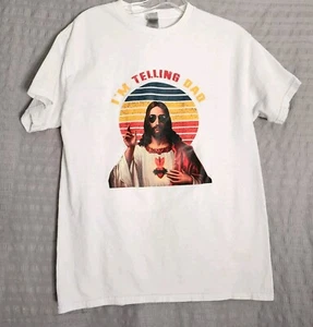 I'm Telling Dad - Jesus T-Shirt Men's Size M White Short Sleeves Tee - Picture 1 of 5