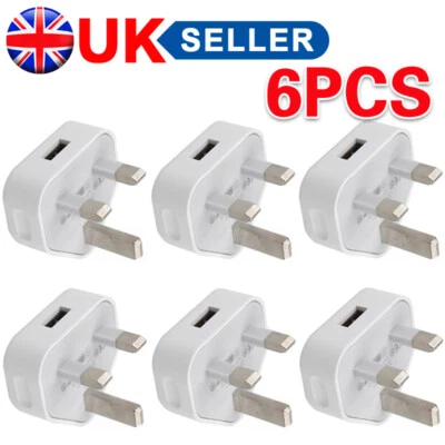 6 Pack UK USB Wall Charger 3 Pin Plug Mains Adapter For Phones, Tablets Power UK