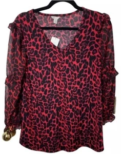 Cato Top Womens Small Red and Black Leopard Print Lightweight Blouse Casual NWT - Picture 1 of 12