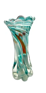 Art Glass Vase HAND BLOWN WHITE BLUE/GREEN ORANGE BUD VASE TWISTED Scalloped - Picture 1 of 7