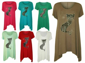 Ladies Cat Stud Sequin Hanky Hem Tunic Top Short Sleeve T Shirt Top UK 14_28 - Picture 1 of 12