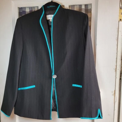 Studio I Women’s Black Pin Stripe Blazer Jacket Teal Trim Career Office Size 14 - Image 1 of 4