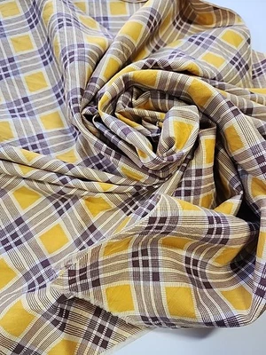 Vtg 60s 70s Retro Brown Yellow Tattersall Plaid Cotton Fabric 33"w X 1.7yds Read - Image 1 of 4