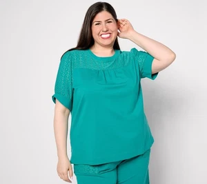 Sport Savvy Women's Top Sz L Elbow-Sleeve Eyelet Pullover Green A644991 - Picture 1 of 6