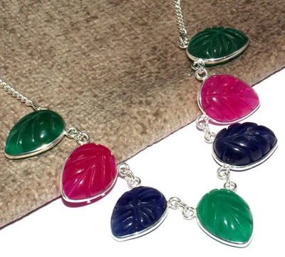 Collar Tallado Rosa y Azul Hoja de Calcedonia Verde Ónix Piedras Preciosas 18" GW Foto 1 de 3