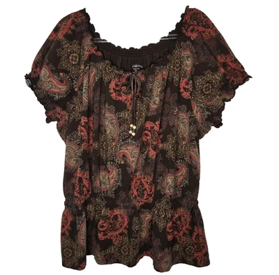 Croft & Barrow Paisley Scallop Neck Dark Fairy Top Size 2X Brown Elastic Waist - Image 1 of 4