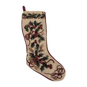 Weihnachtsstrumpf Wolle Nadelspitze Vintage Stechpalme Beeren Handarbeit Samt 22" - Bild 1 von 9