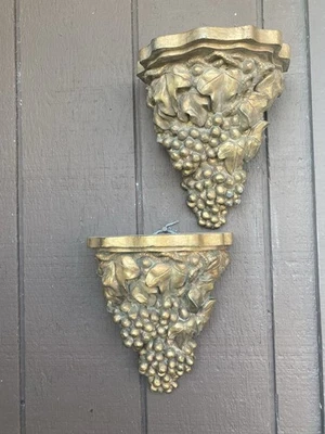 Vintage Plaster Gold Grapes Leaves Wall Sconces/Shelves Matching Pair - Image 1 of 4