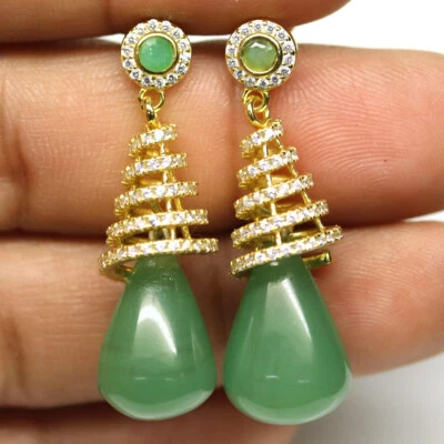 925 Sterlingsilber 12 x 17 Mm. Grün Aventurin, Smaragd & Zirkonia Ohrringe - Bild 1 von 4