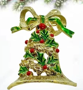 Gerry's Christmas Jingle Bell Holly Leaf Bow Enamel 2" Brooch Pin Vintage 1960s - Picture 1 of 6