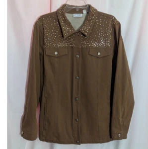 NWOT DREAM JEANNES QUACKER FACTORY Brown Rhinestone Button Jacket Size XL - Picture 1 of 6