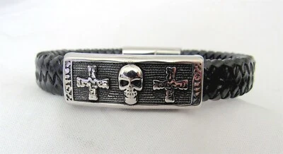 Skull/Crosses Bracelet Biker Stainless Steel Braided Black Faux Leather 8 1/4" L - Image 1 of 4