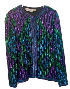 Vintage 80er Laurence Kazar Pailletten Perlen blau grün lila Cocktail Party Jacke Lrg - Bild 1 von 6