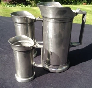 3 ANTIQUE FRENCH PEWTER MEASURES LITRE DEMI DOUBLE DECILITRE MARKED METAL DRINK - Picture 1 of 12