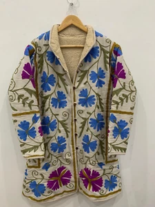 White Quilted Long Fur Duck Suzani Jacket | Embroidered Suzani Coat | Jacket - Picture 1 of 9