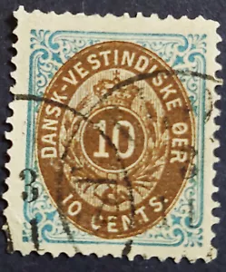 Danish West Indies 10, almost F/VF, light cancel, LL corner crease, Scott $30 - Picture 1 of 1