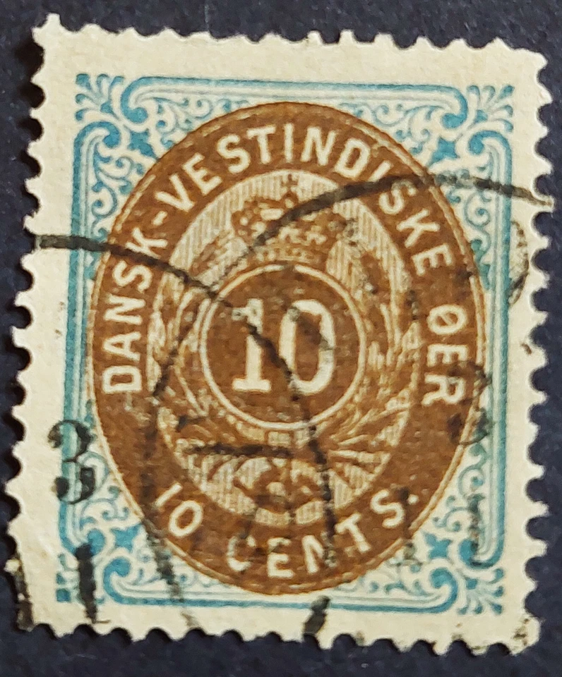 Danish West Indies 10, almost F/VF, light cancel, LL corner crease, Scott $30 - Image 1 of 1