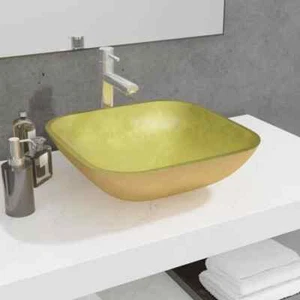 vidaXL Basin Glass 42x42x14 cm Gold UK - Picture 1 of 6