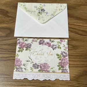 Carol Wilson Rose Garden 8 Lace Border Thank You Blank Notes Purple Flowers USA - Picture 1 of 15