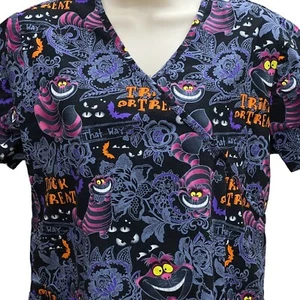 Disney Alice In Wonderland Cheshire Cat Halloween Scrub Top XS/XCH 100% Cotton - Picture 1 of 9