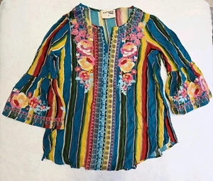 Savanna Jane blusa vintage ricamata peplo righe boho manica a campana taglia M - Foto 1 di 9