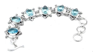 925 Sterling Silver Blue Zircon Gemstone Handmade Jewelry Bracelet Size-7-8 - Picture 1 of 8