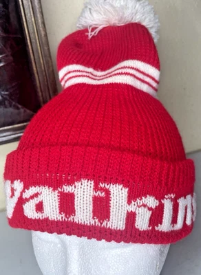 Vintage 1980s NAME WATKINS Winter Ski Pom Pom Red Knit Stocking Beanie Cap - Image 1 of 4