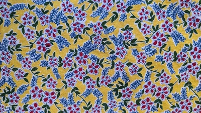Fabric piece 45 inches by 3 yards Yellow with blue, red and green Pre-washed - Image 1 of 2