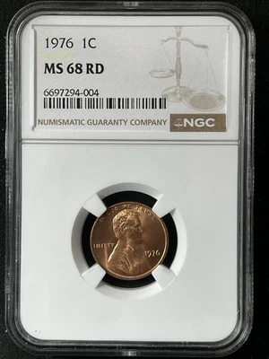 1976 1C RD Lincoln Memorial One Cent  NGC MS68RD  6697294-004 - Image 1 of 2