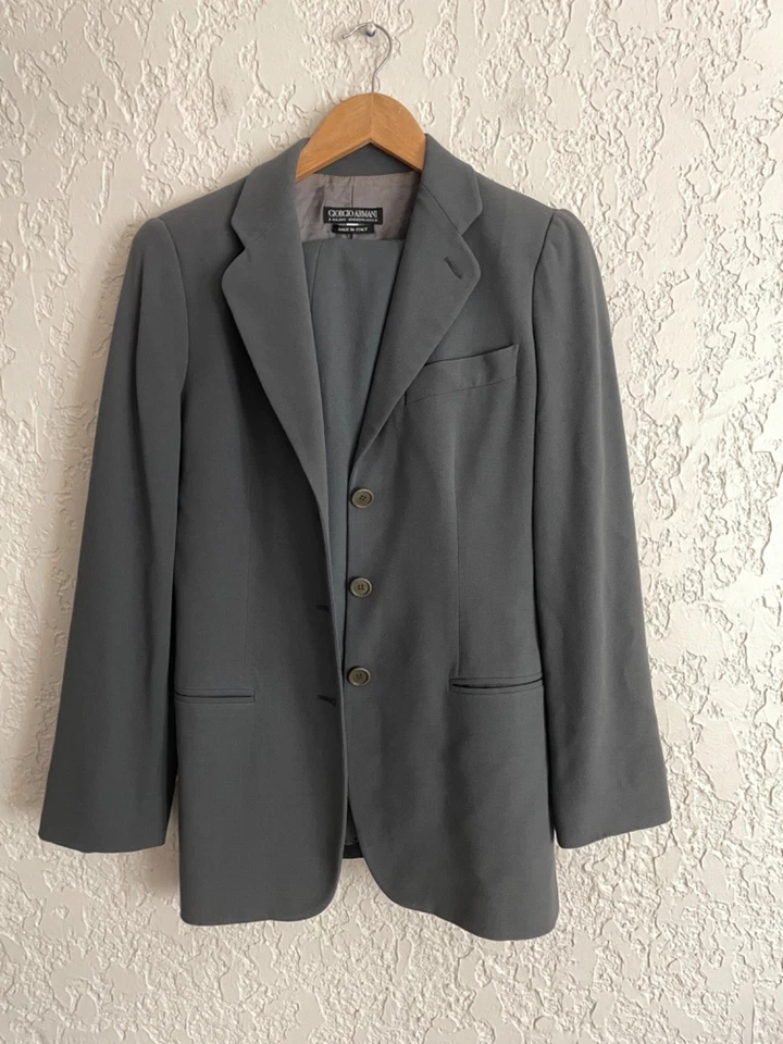 🔥 GIORGIO ARMANI® Rare 90s Drapey Iconic Skirt Suit "PEWTER GREIGE" 44 S XS - Image 1 of 4