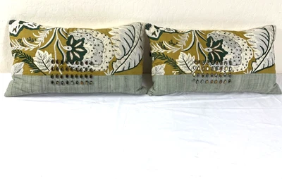 West Elm accent pillows with inserts beaded embroidered floral silk green ivory - Image 1 of 4