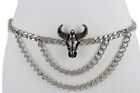 Women Silver Metal Chain Western Fashion Belt Bull Skull Charm XS S M L XL XXL