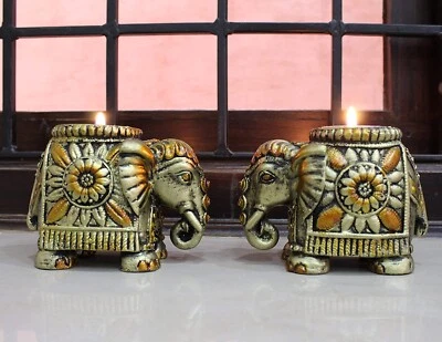 Antique Golden Brown Finish Decorative Elephant Tea Light Candle Holder Set Of 2 - Image 1 of 4
