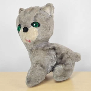 Vintage Cat Plush Stuffed Animal Toy Gray Kitty Kitten Green Eyes Retro Mohair - Picture 1 of 10