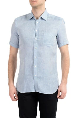Camisa de vestir Malo para hombre azul 100 % lino manga corta con botones talla 15 15,5 Foto 1 de 4