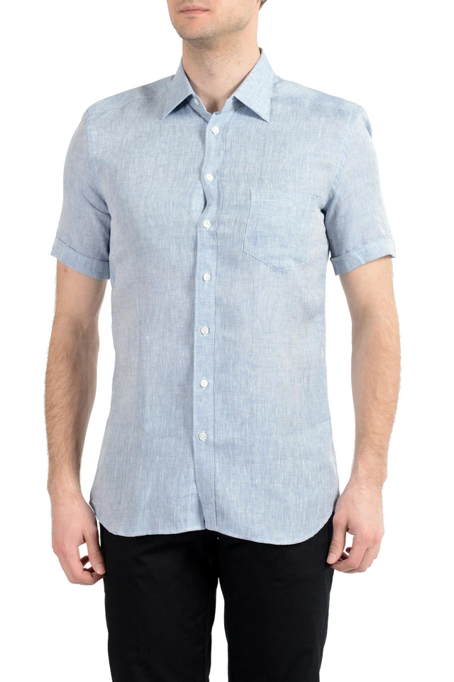 Camisa de vestir Malo para hombre azul 100 % lino manga corta con botones talla 15 15,5 Foto 1 de 4