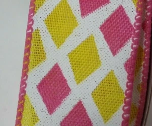 Wired Ribbon Spring Diamond Pattern Pink Yellow White (1) One Roll 1.5" 25 Feet  - Picture 1 of 4
