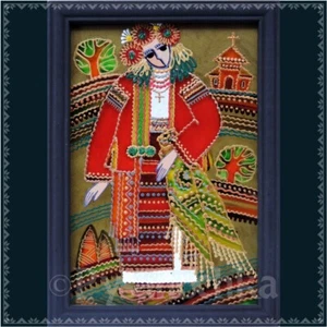 Pintura popular tradicional ucraniana sobre vidrio hecha a mano decoración de pared enmarcada 14x20 - Imagen 1 de 5