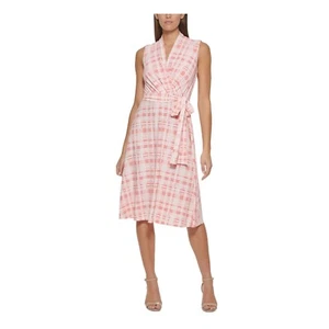 NWT Tommy Hilfiger Coral Plaid Sleeveless Surplice Neckline Belted Midi Dress 16 - Picture 1 of 10
